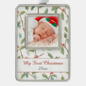 初めてのクリスマスホリーとカスタム写真 シルバープレートフレームオーナメント (正面)