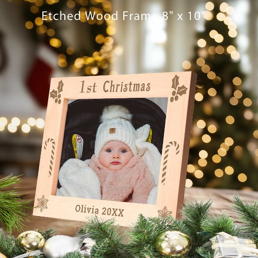 初めてのクリスマスホリー、キャンディーキャン、表示名10x8 レーザー彫刻フレーム