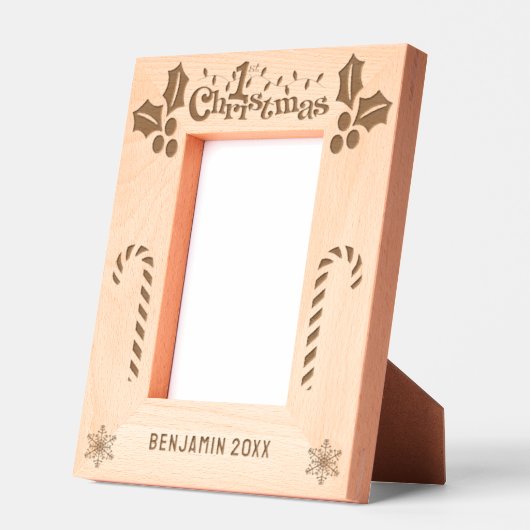 初めてのクリスマスホリー、キャンディーキャン、表示名4x6 レーザー彫刻フレーム (左)