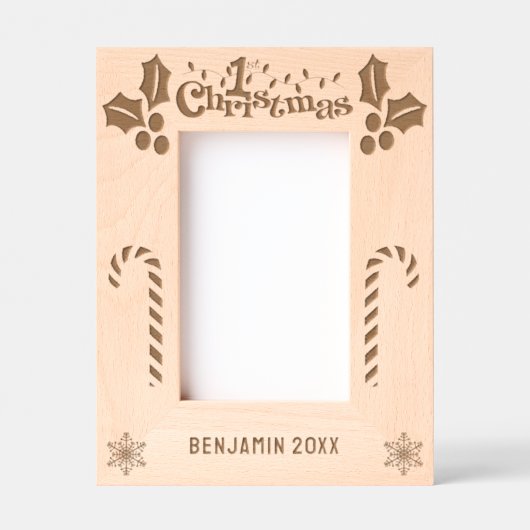 初めてのクリスマスホリー、キャンディーキャン、表示名4x6 レーザー彫刻フレーム (正面)