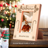 初めてのクリスマスホリー、キャンディーキャン、表示名4x6 レーザー彫刻フレーム