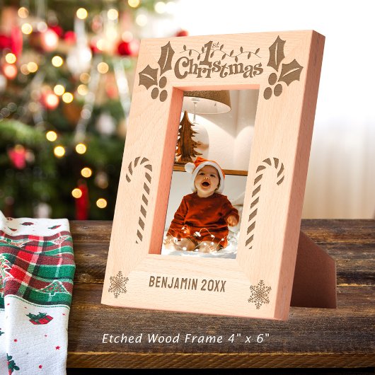 初めてのクリスマスホリー、キャンディーキャン、表示名4x6 レーザー彫刻フレーム