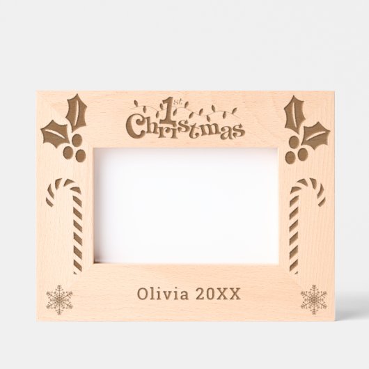 初めてのクリスマスホリー、キャンディーキャン、表示名6x4 レーザー彫刻フレーム (正面)