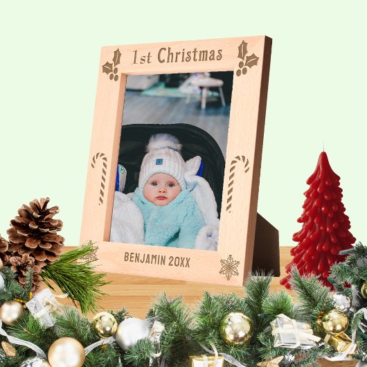 初めてのクリスマスホリー、キャンディーキャン、表示名8x10 レーザー彫刻フレーム