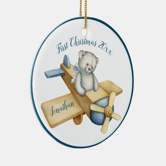 初めてのクリスマスボーイブルーウォーターカラーベア名日付 セラミックオーナメント (右)