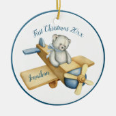 初めてのクリスマスボーイブルーウォーターカラーベア名日付 セラミックオーナメント (正面)