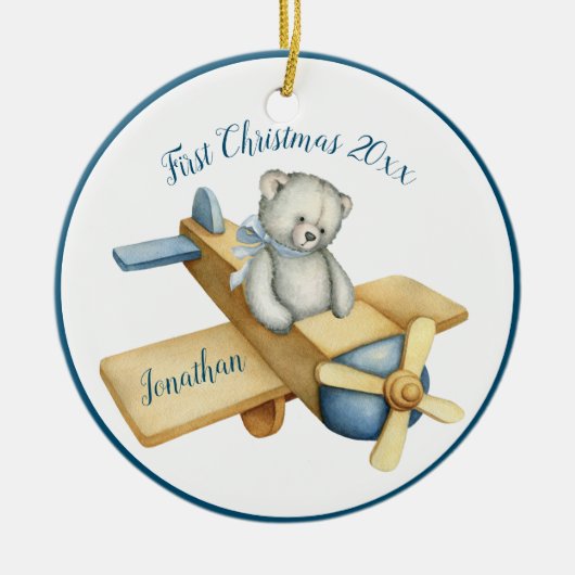 初めてのクリスマスボーイブルーウォーターカラーベア名日付 セラミックオーナメント (正面)