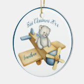 初めてのクリスマスボーイブルーウォーターカラーベア名日付 セラミックオーナメント (左)