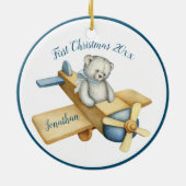 初めてのクリスマスボーイブルーウォーターカラーベア名日付 セラミックオーナメント (裏面)
