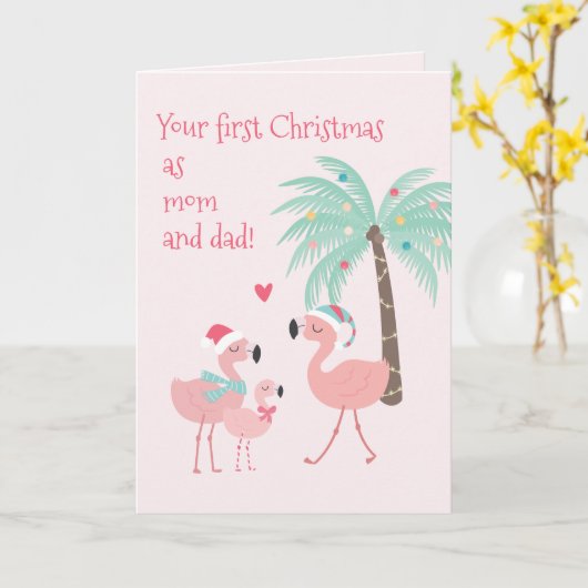 初めてのクリスマスママとパパかわいいサンタフラミンゴ カード (黄色い花)