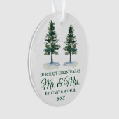 初めてのクリスマスミスター・アンド・ミセス・ウォーター・カラー・ツー・パインズ オーナメント (正面)