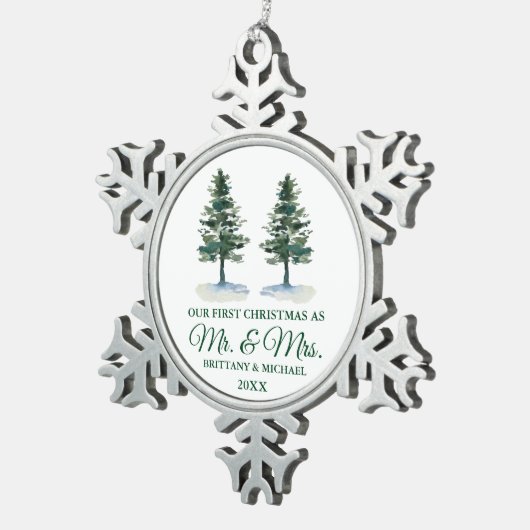 初めてのクリスマスミスター・アンド・ミセス・ウォーター・カラー・ツー・パインズ スノーフレークピューターオーナメント (右)