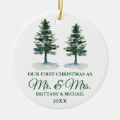 初めてのクリスマスミスター・アンド・ミセス・ウォーター・カラー・ツー・パインズ セラミックオーナメント (正面)