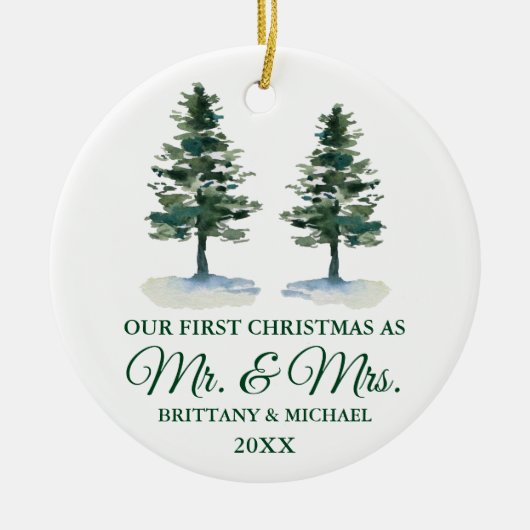 初めてのクリスマスミスター・アンド・ミセス・ウォーター・カラー・ツー・パインズ セラミックオーナメント (正面)