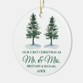 初めてのクリスマスミスター・アンド・ミセス・ウォーター・カラー・ツー・パインズ セラミックオーナメント (左)