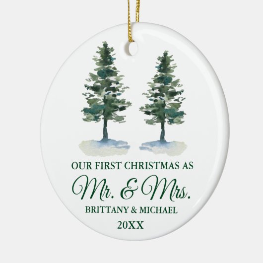 初めてのクリスマスミスター・アンド・ミセス・ウォーター・カラー・ツー・パインズ セラミックオーナメント (左)