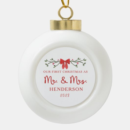 初めてのクリスマスミスター&ミセスカスタム新婚旅行 セラミックボールオーナメント (正面)