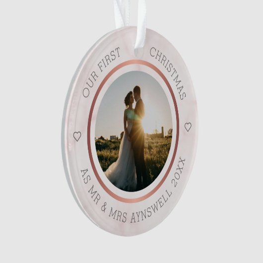 初めてのクリスマスミスター&ミセス写真ピンクエレガント大理石 オーナメント (正面)
