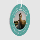 初めてのクリスマスミスター&ミセス2フォトモダンティール（緑がかった色） オーナメント (正面)