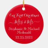初めてのクリスマスミセス&ミスター・グリーン・レッドパーソナライズされた セラミックオーナメント (裏面)