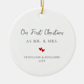 初めてのクリスマスミセス・赤いハート・カップルの写真 セラミックオーナメント (正面)