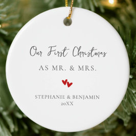 初めてのクリスマスミセス・赤いハート・カップルの写真 セラミックオーナメント
