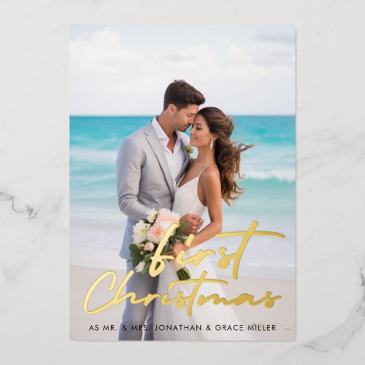 初めてのクリスマスミニマリストスクリプトタイポグラフィ写真 箔シーズンカード (正面)