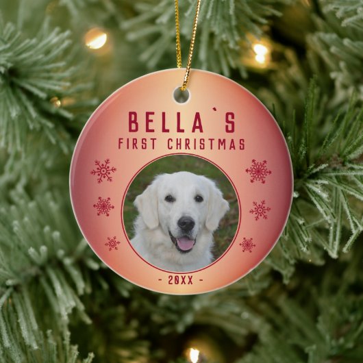 初めてのクリスマスメタリックレッドスノーフレークパピーフォト セラミックオーナメント (ツリー)