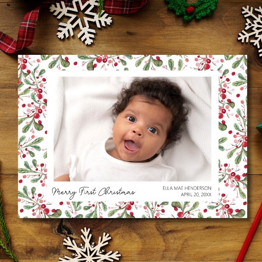 初めてのクリスマスメリー写真、果実と緑 シーズンカード
