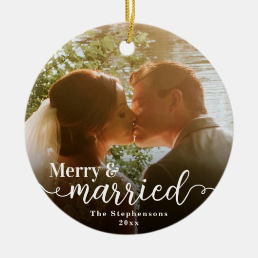 初めてのクリスマスメリー結婚した両面写真 セラミックオーナメント (正面)