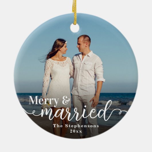 初めてのクリスマスメリー結婚した両面写真 セラミックオーナメント (裏面)