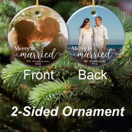 初めてのクリスマスメリー結婚した両面写真 セラミックオーナメント