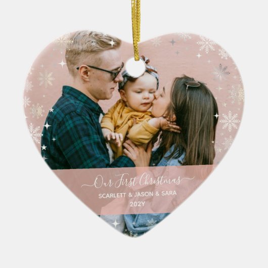 初めてのクリスマスモダンの合計2枚の写真ハート セラミックオーナメント (正面)
