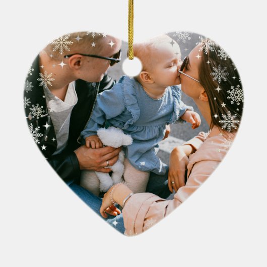 初めてのクリスマスモダンの合計2枚の写真ハート セラミックオーナメント (裏面)