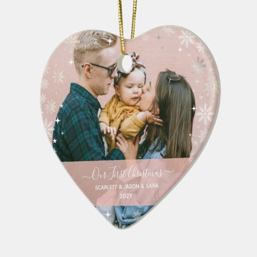 初めてのクリスマスモダンの合計2枚の写真ハート セラミックオーナメント (左)