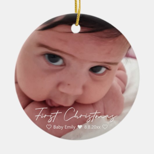 初めてのクリスマスモダンの白い手書き セラミックオーナメント (正面)