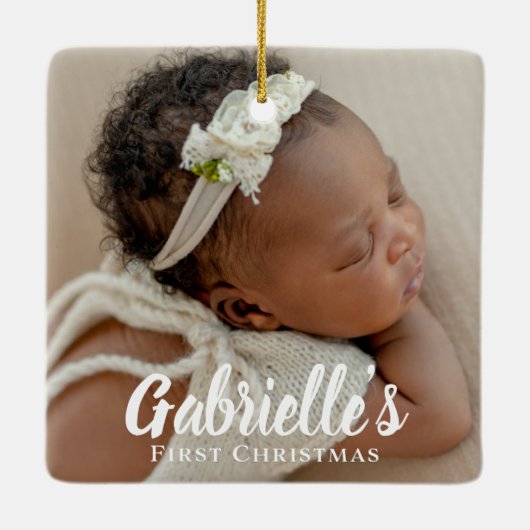 初めてのクリスマスモダンシックカスタム写真 セラミックオーナメント (裏面)