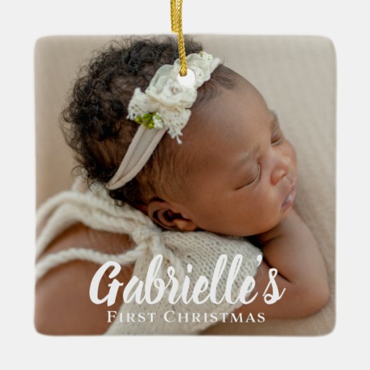 初めてのクリスマスモダンシックカスタム写真 セラミックオーナメント (正面)