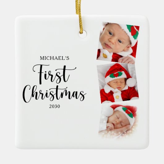 初めてのクリスマスモダンシンプル3ベビー写真 セラミックオーナメント (正面)
