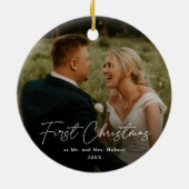 初めてのクリスマスモダン手書き結婚の写真 セラミックオーナメント (裏面)