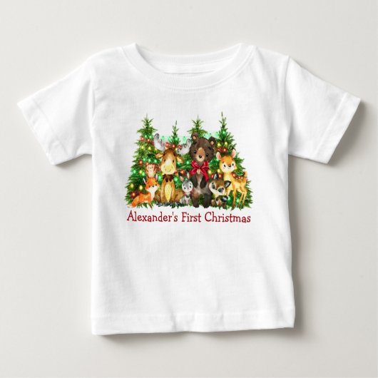 初めてのクリスマスライトウッドランドフォレストアニマルズボウ ベビーTシャツ (正面)