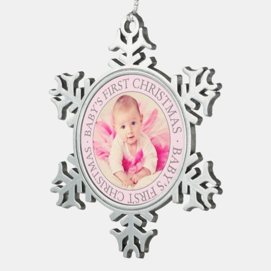 初めてのクリスマスライトピンクカスタムのベビーガール写真 スノーフレークピューターオーナメント (右)