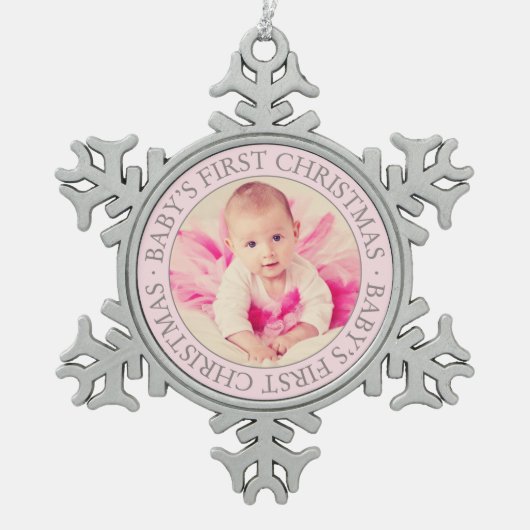 初めてのクリスマスライトピンクカスタムのベビーガール写真 スノーフレークピューターオーナメント (正面)