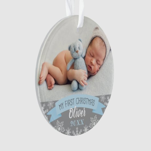 初めてのクリスマスライトブルー男の赤ちゃん写真 オーナメント (正面)