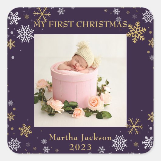 初めてのクリスマスラベンダーパープルベビーガール写真 スクエアシール (正面)