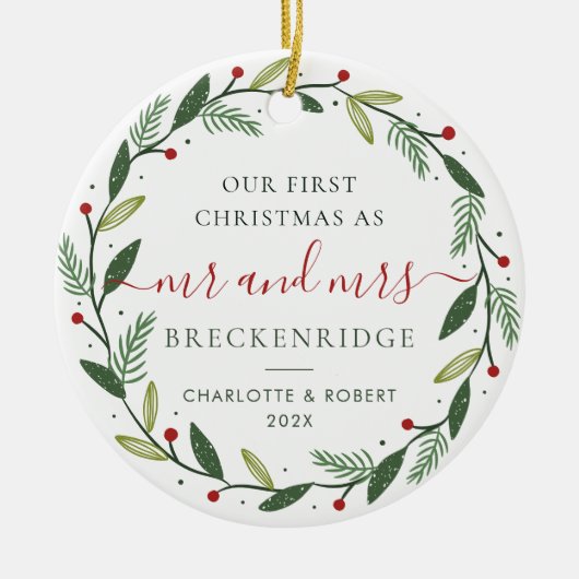 初めてのクリスマスリース結婚植物写真 セラミックオーナメント (正面)