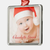 初めてのクリスマスレッドスクリプトモノグラムベビー写真 メタルオーナメント (左)
