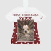 初めてのクリスマスレッドスターパターンパピードッグ写真 オーナメント (正面)