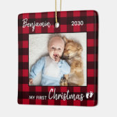 初めてのクリスマスレッドバッファロープレイドかわいいベビー写真 セラミックオーナメント (左)