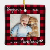 初めてのクリスマスレッドバッファロープレイドかわいいベビー写真 セラミックオーナメント (正面)
